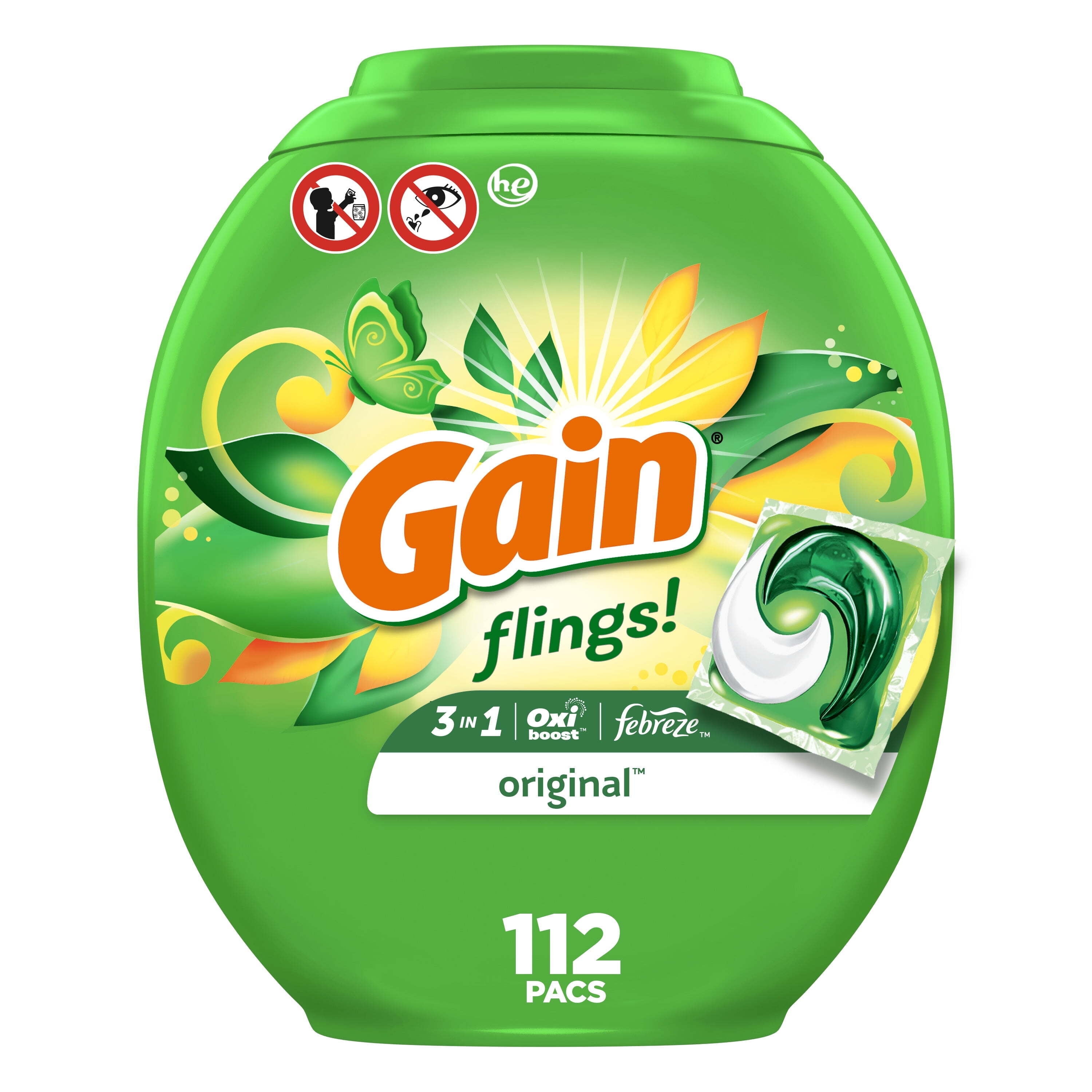 Gain Flings Laundry Detergent Packs with Oxi Boost and Febreze, Original Scent, 112 Count