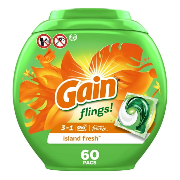 Gain Flings Laundry Detergent Pacs,, Island Fresh, 60 Count