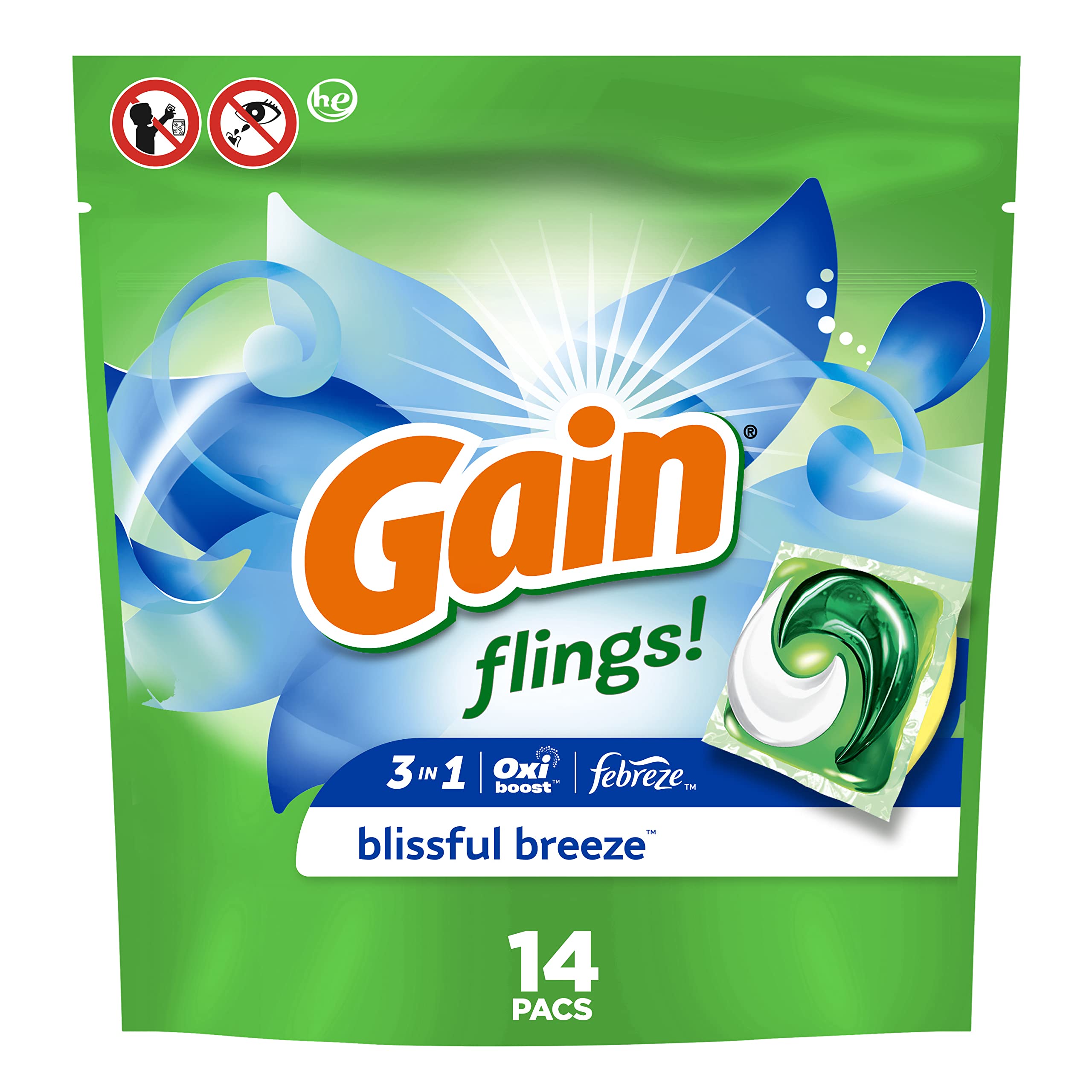 Gain Flings Laundry Detergent Soap Pacs, He Compatible, 14 Count, Long
