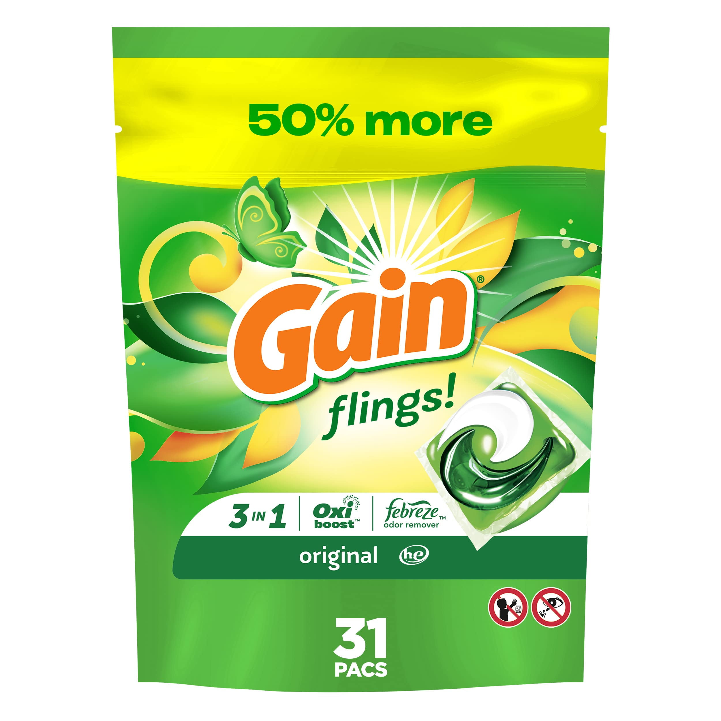 Gain Flings Laundry Detergent Soap Pacs, He Compatible, 31 Count, Long
