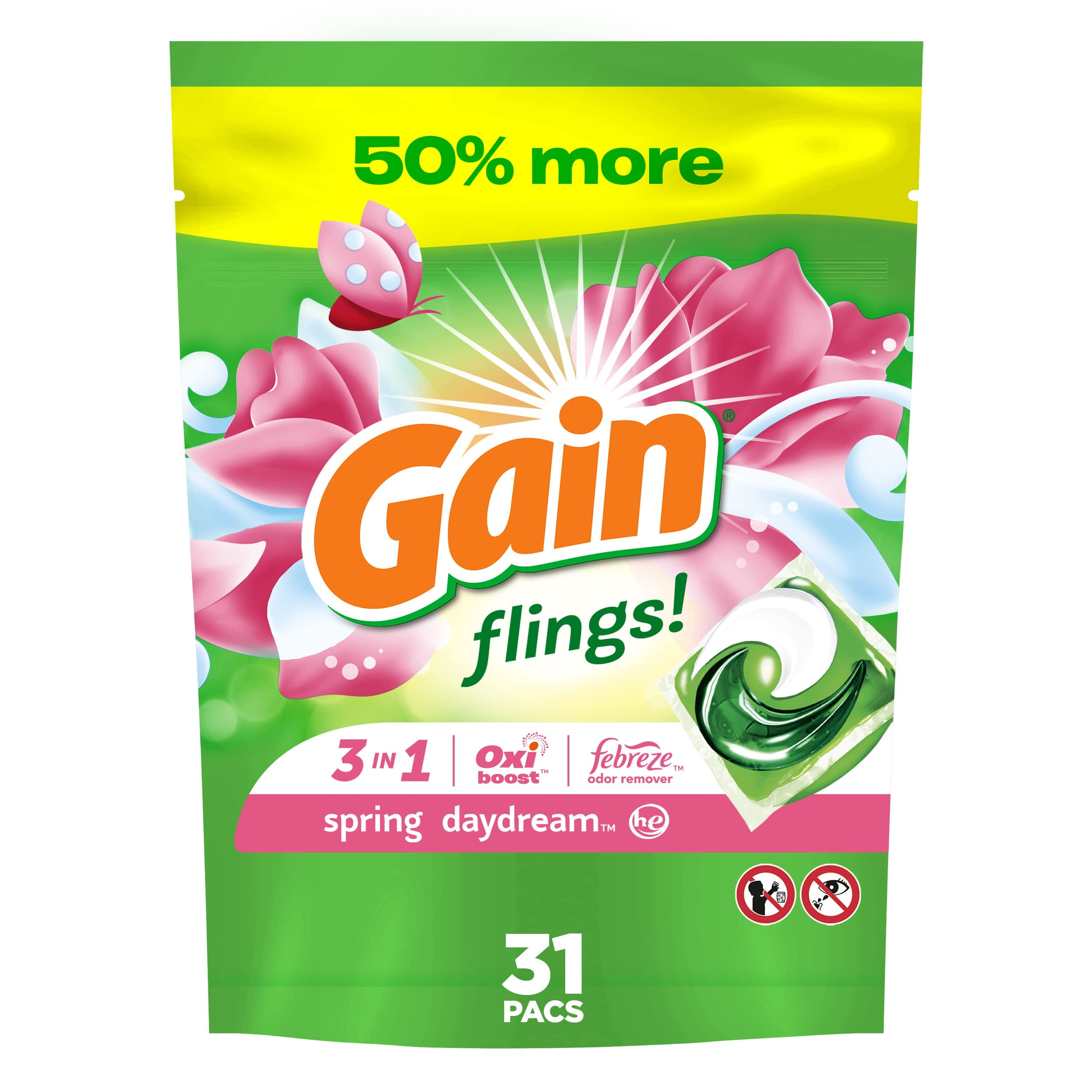Gain Flings Laundry Detergent Soap Pacs, He Compatible, 31 Count, Long