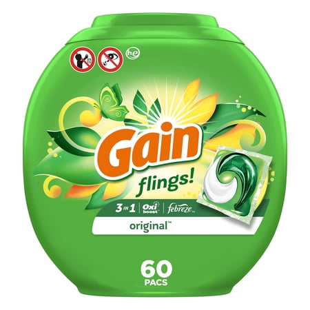 Gain flings! Laundry Detergent Soap Pacs HE Compatible 60 ct Long Lasting Scent Original Scent