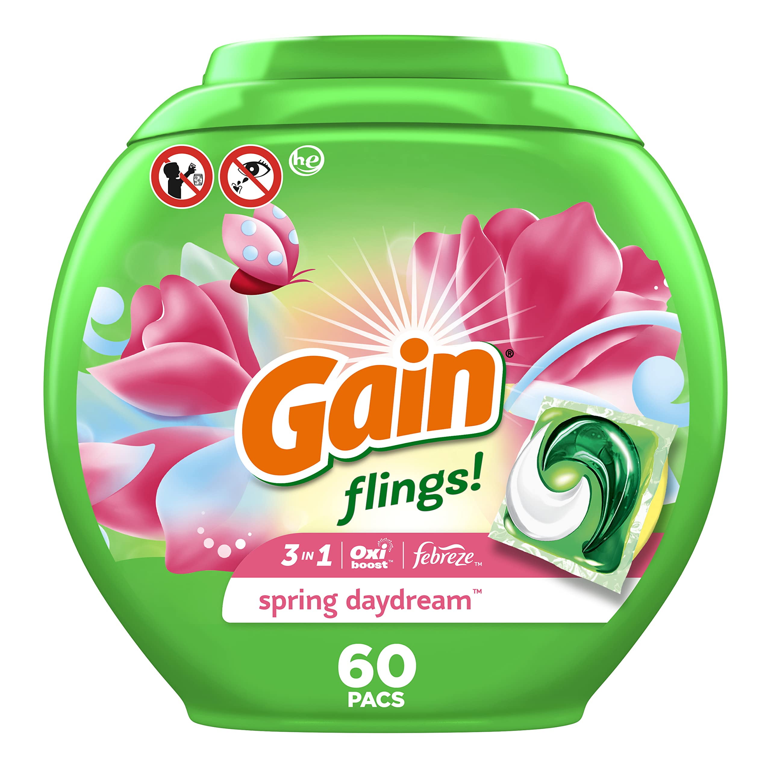 Gain Flings! Laundry Detergent Soap Pacs He Compatible 60 Ct Long