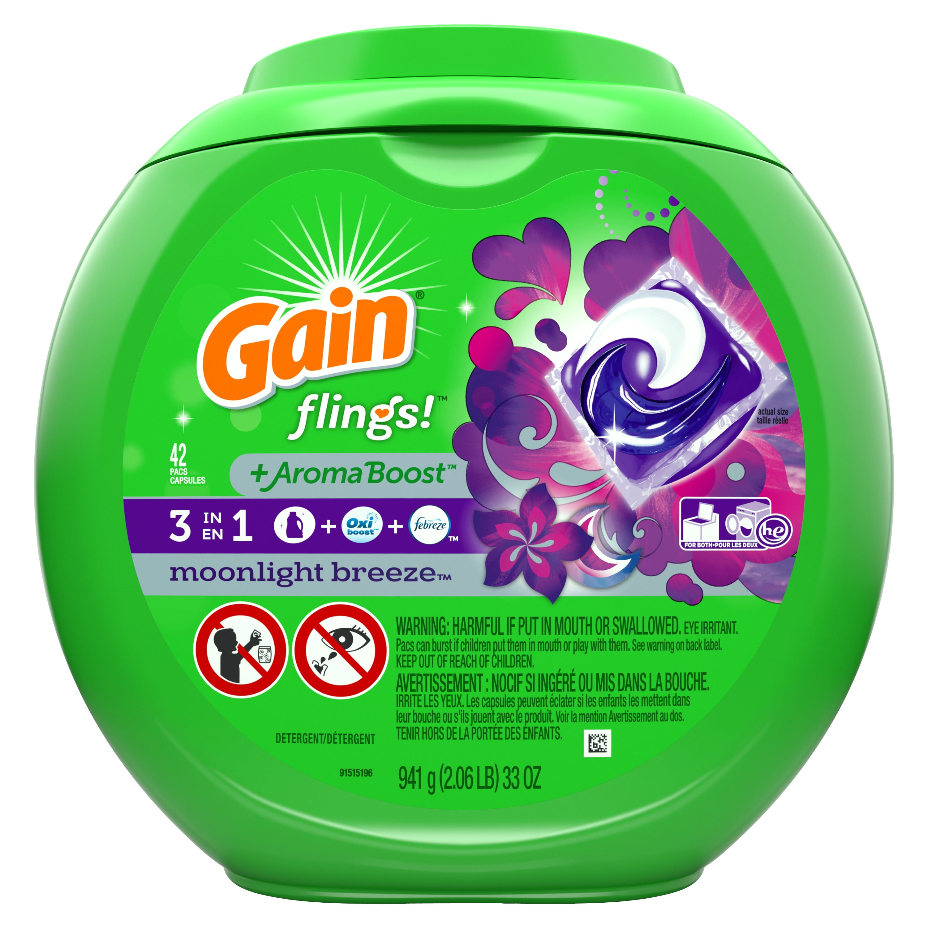 Gain Flings Laundry Detergent Soap Pods, Moonlight Breeze, 42 Ct