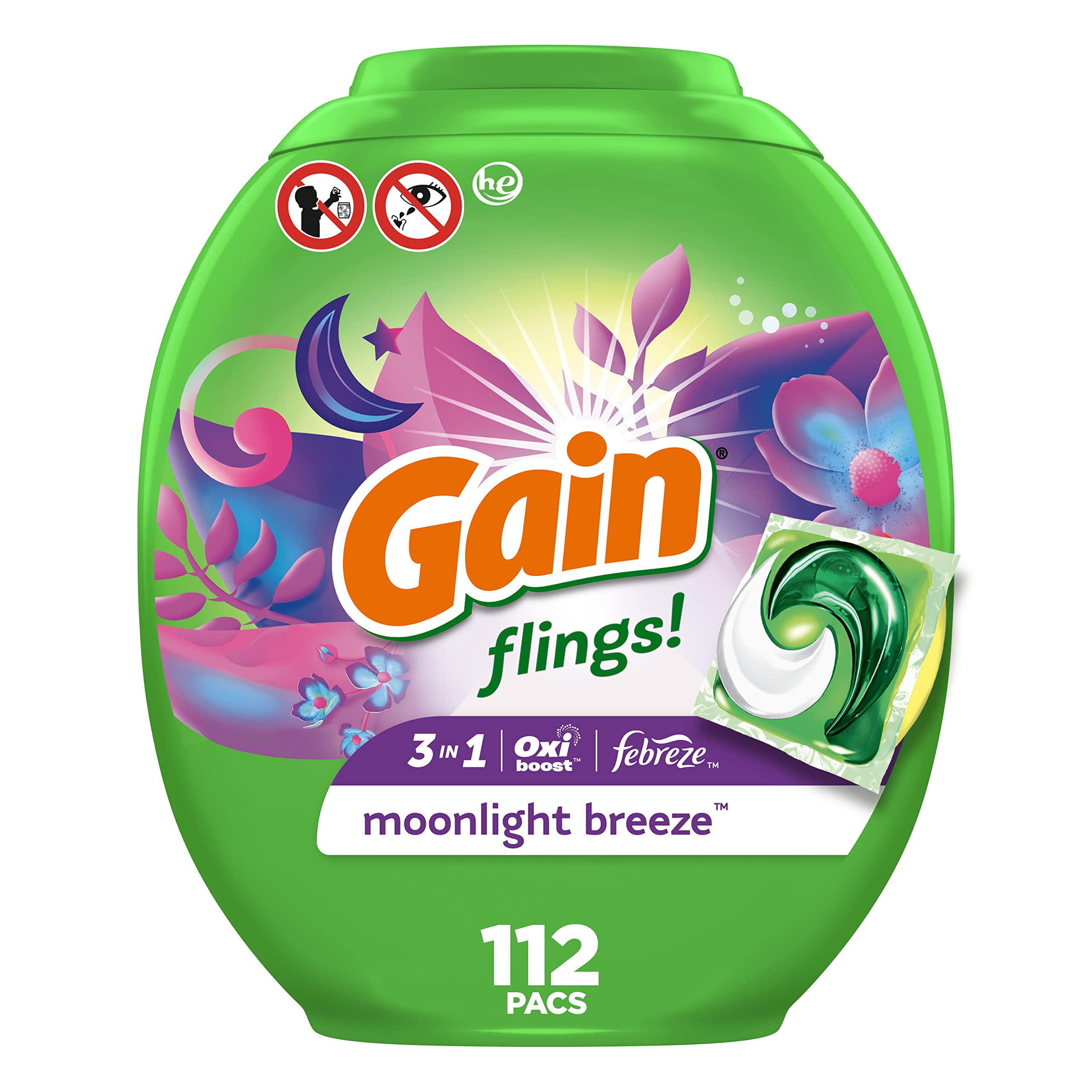 Gain Flings Laundry Detergents Pod Moonlight Breeze 112 Ct (Pack of 18)