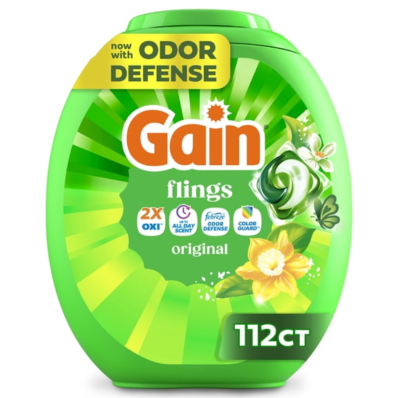 Gain Flings Liquid Laundry Detergent Pacs with Oxi Boost and Febreze, Original, 112 Count
