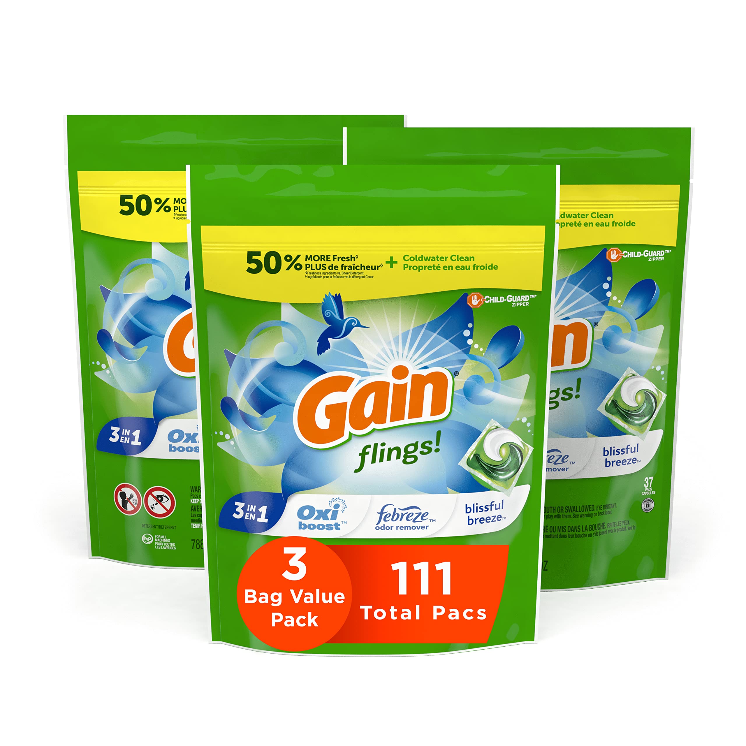 Gain Flings! Liquid Laundry Detergent Soap Pacs, He Compatible, 3 Bag