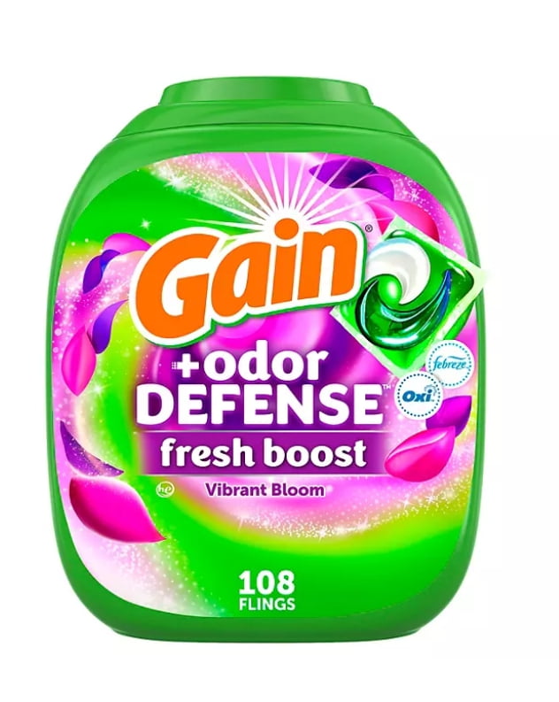 Gain Flings! Odor Defense Fresh Boost Laundry Detergent Pacs, Vibrant Bloom, 108