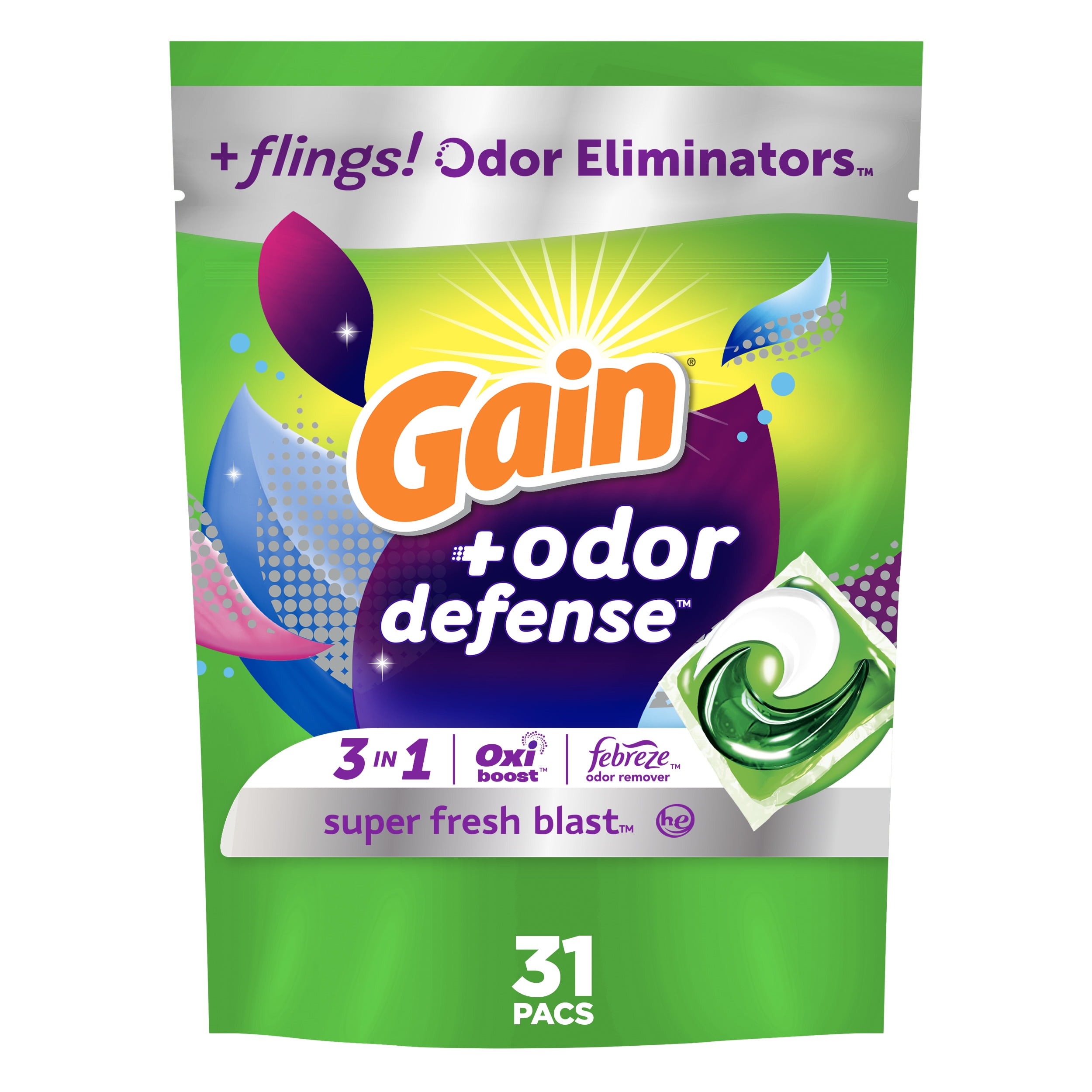 Gain Flings Laundry Detergent Pacs with Odor Defense, Super Fresh Blast Scent, 31 Count