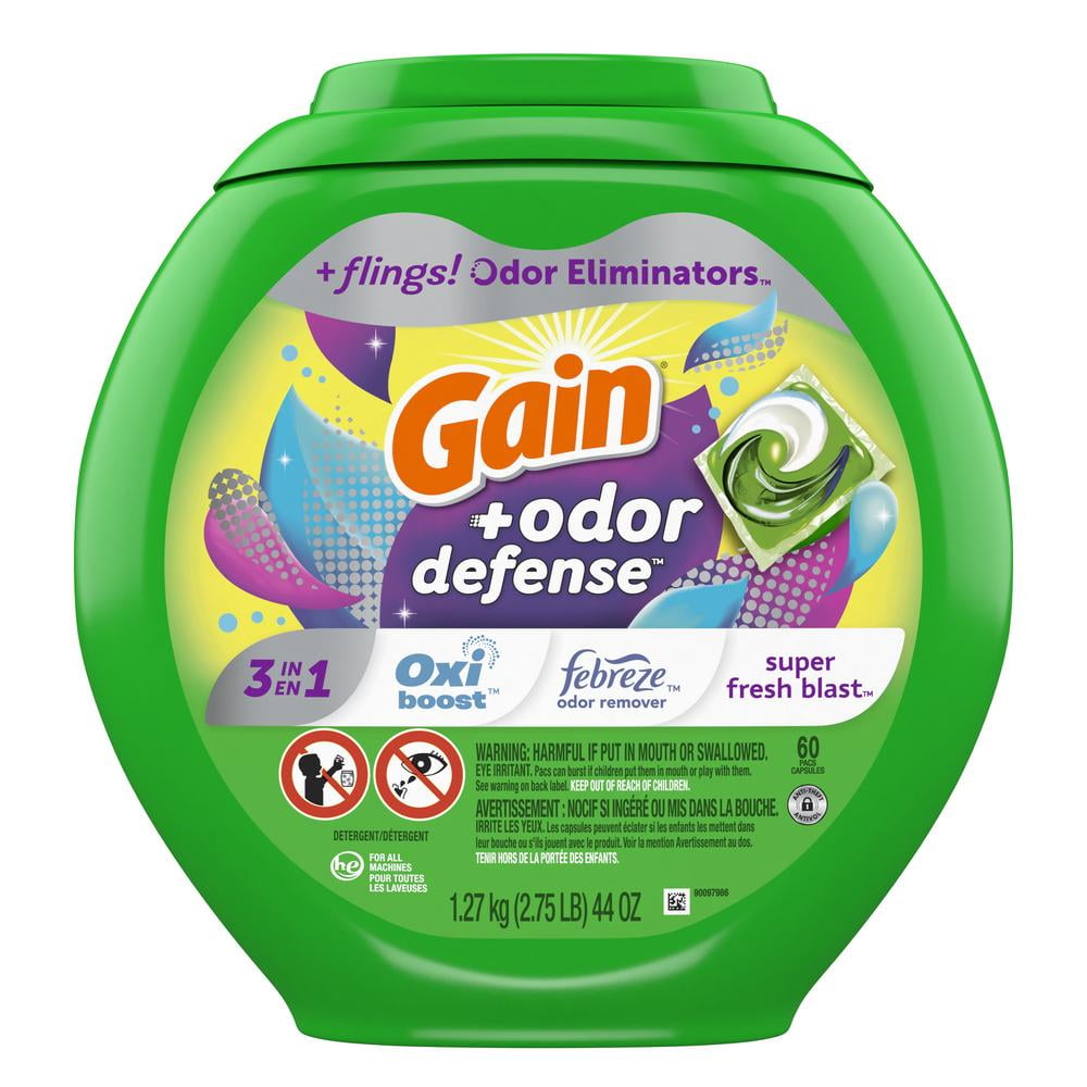 Gain Flings! + Odor Defense Super Fresh Blast HE Laundry Detergent Pacs - 60 ct- Pack of 2