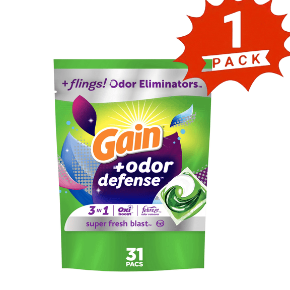 Gain Flings +Odor Defense: Super Fresh Blast Scented Laundry Pacs 31 Count (1-Pack)