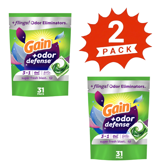 Gain Flings +Odor Defense: Super Fresh Blast Scented Laundry Pacs 62 Count (2-Pack)