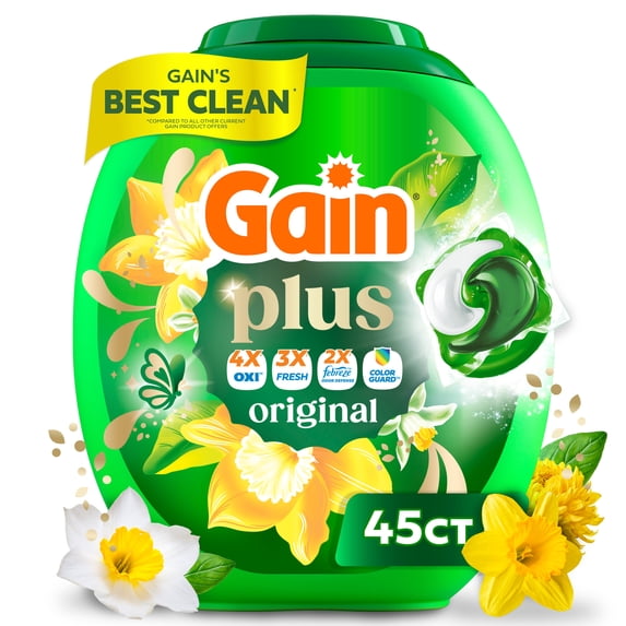 Gain Plus Flings Laundry Detergent Liquid Washing Pacs, Gain's Best All-In-One Clean, Original Scent, 45 Count