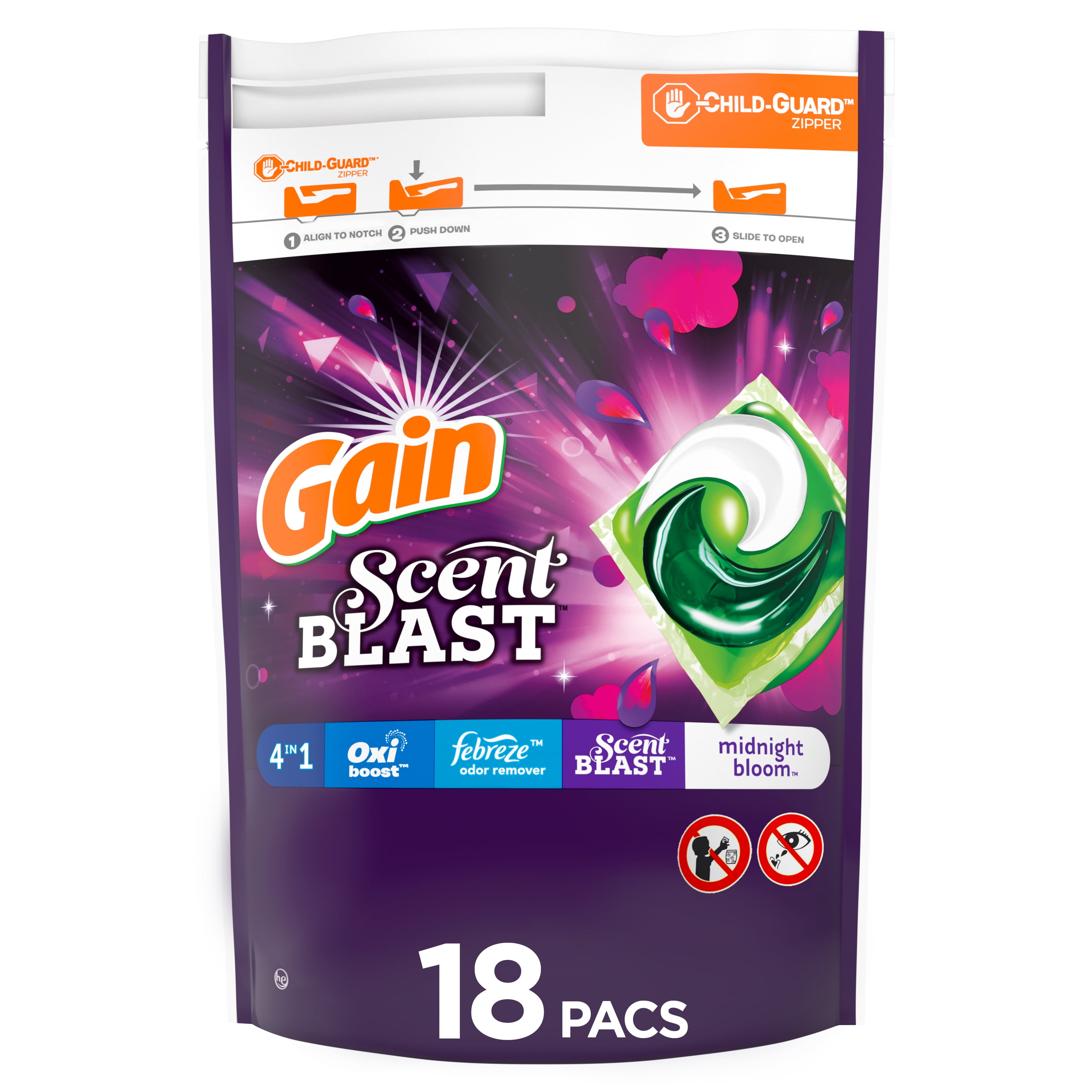 Gain Flings Scent Blast Midnight Bloom, 18 ct Laundry Detergent Pacs