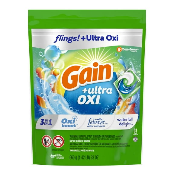 Gain Flings Ultra Oxi Laundry Detergent Pacs, 31 Count, Waterfall Delight Scent, 3-In-1, He Compatible