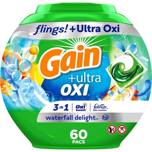 Gain Flings Ultra Oxi Laundry Detergent Pacs, 60 Count, Waterfall Delight Scent, 3-In-1, He Compatible