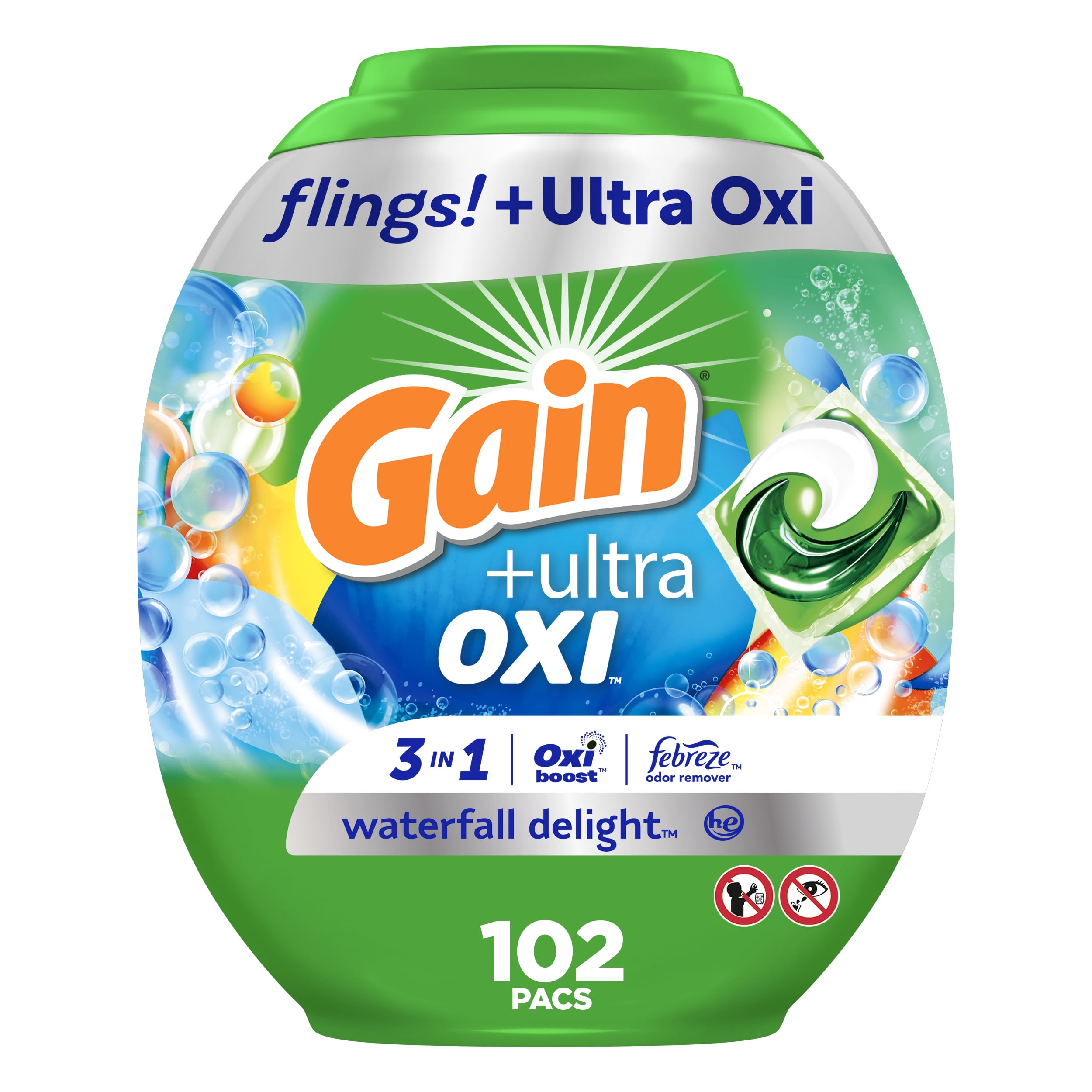 Gain Flings Ultra Oxi Laundry Detergent Pacs, Waterfall Delight Scent, 102 Count