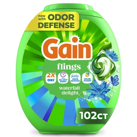 Gain Flings Ultra Oxi Laundry Detergent Pacs, Waterfall Delight Scent, 102 Count