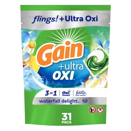 Gain Flings Ultra Oxi Laundry Detergent Pacs, Waterfall Delight Scent, 31 Count