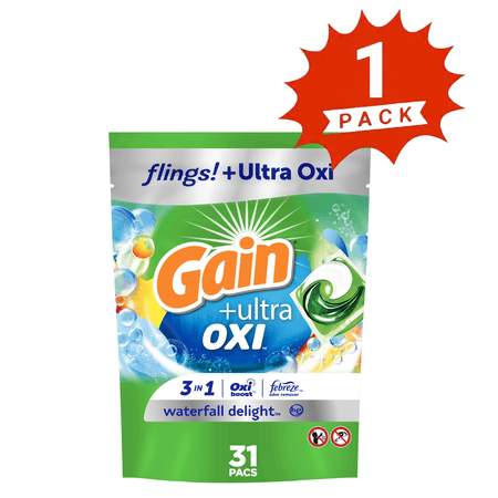 Gain Flings +Ultra Oxi: Waterfall Delight Scented Laundry Pacs 31 Count (1-Pack)