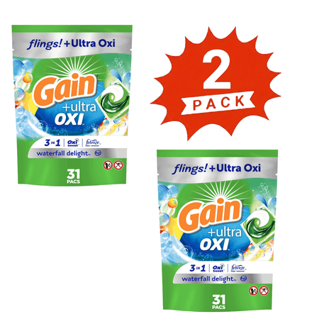 Gain Flings +Ultra Oxi: Waterfall Delight Scented Laundry Pacs 62 Count (2-Pack)