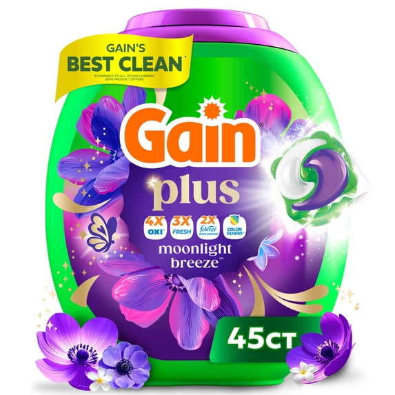 Gain Plus Flings Laundry Detergent Liquid Washing Pacs, Gain's Best All-In-One Clean, Moonlight Breeze Scent, 45 Count