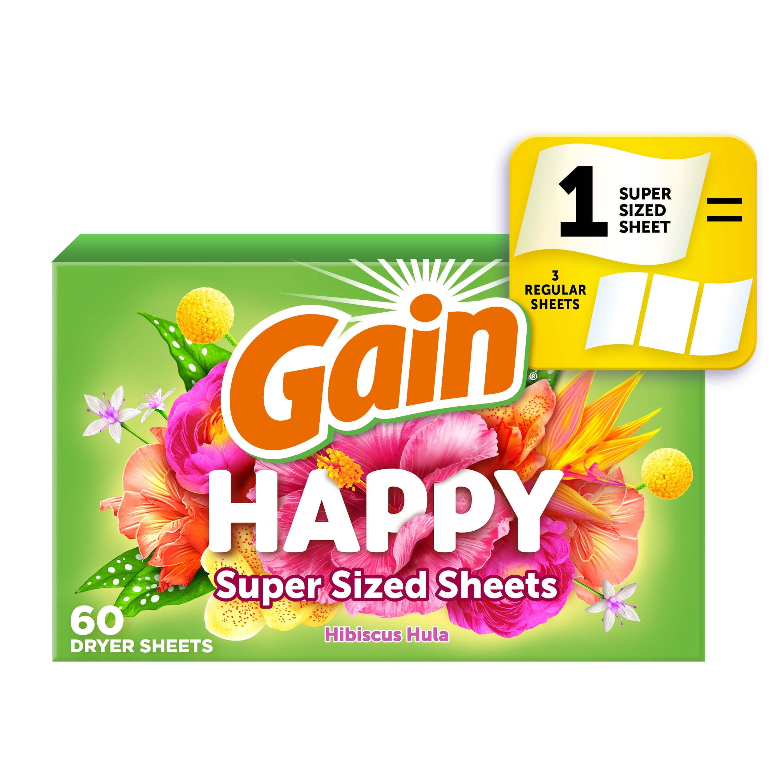 Gain Super Sized Dryer Sheets, Happy, Hibiscus Hula Scent, 60 Count