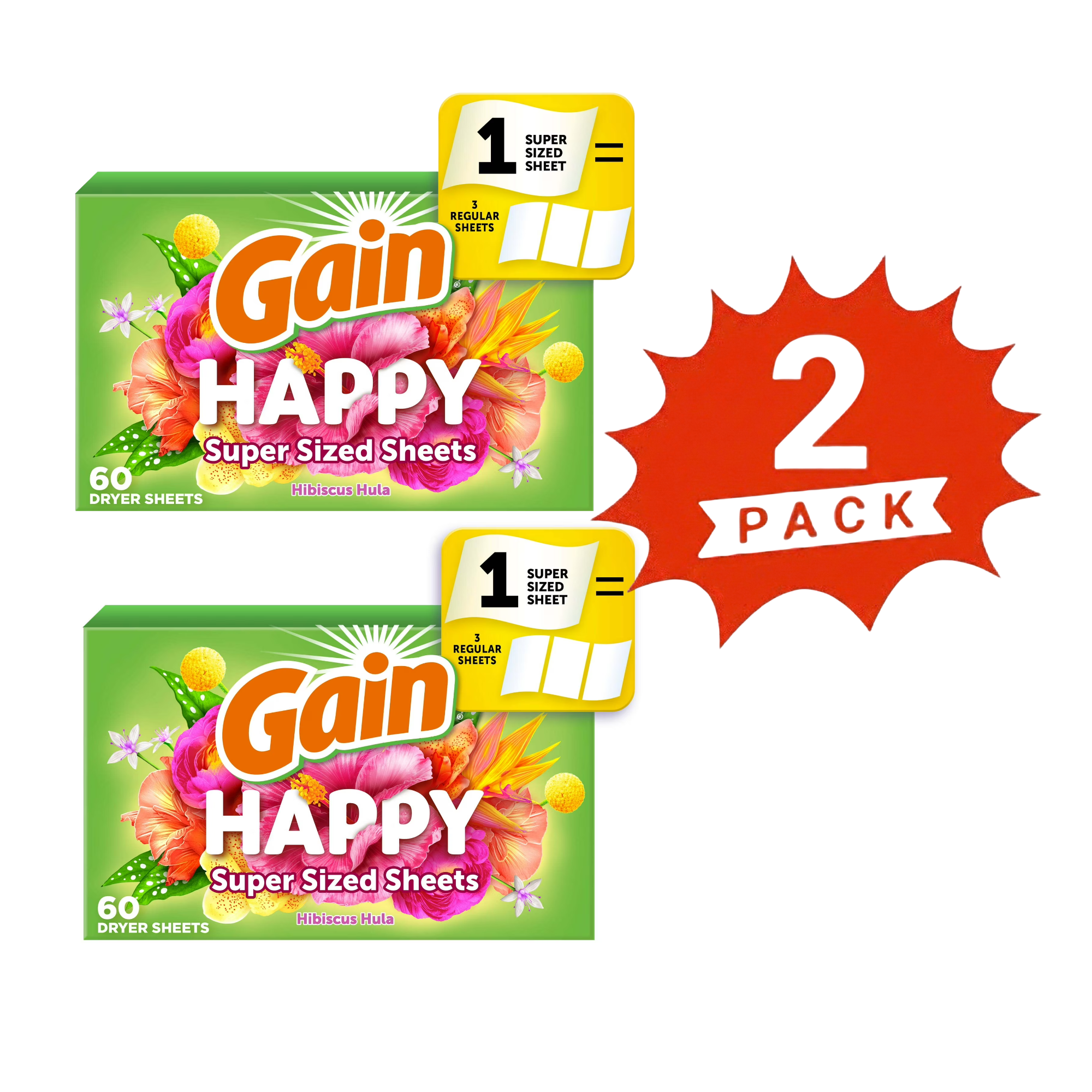 Gain Happy Fabric Softener Mega Dryer Sheets, Hibiscus Hula Scent , 120 Count (2-Pack)