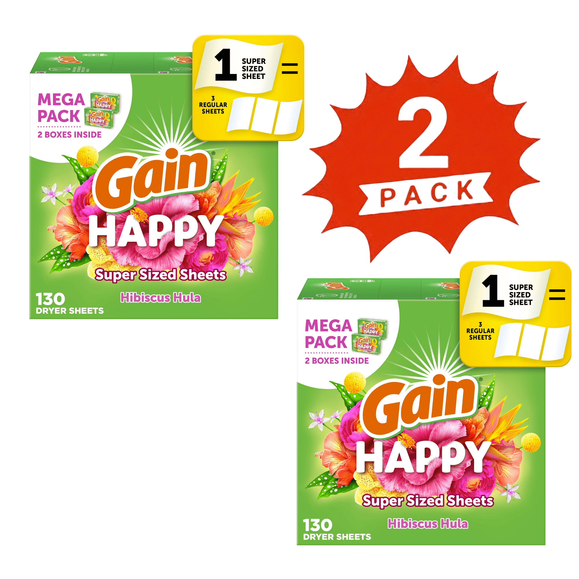 Gain Happy Fabric Softener Mega Dryer Sheets, Hibiscus Hula Scent, 260 Count (2-Pack)