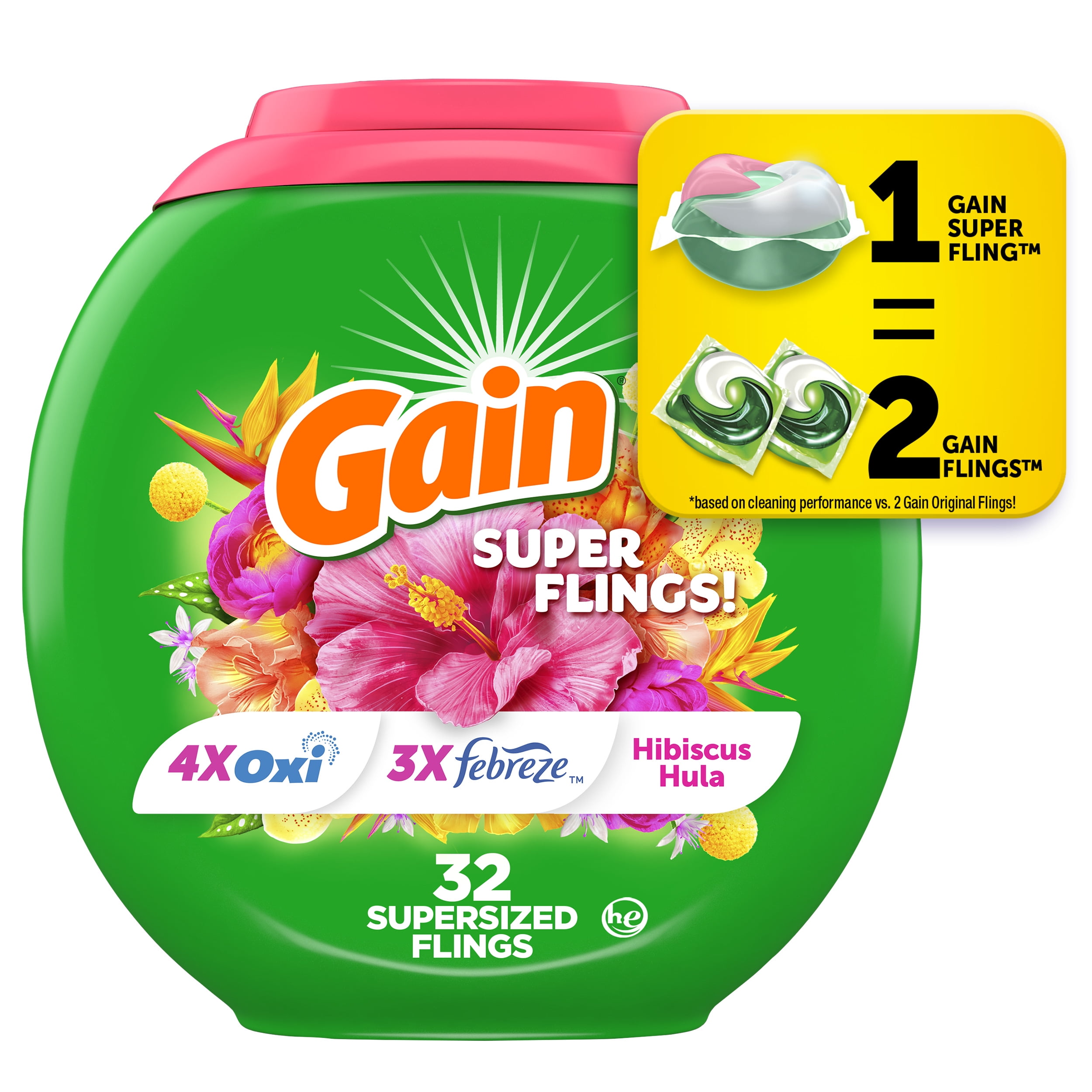 Gain Happy Super-Sized Flings Laundry Detergent Packs, Hibiscus Hula Scent, 32 Count