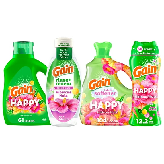 Gain Hibiscus Hula Ultimate Freshness Laundry Bundle with Gain Liquid Laundry Detergent, Rinse & Renew Fabric Rinse, In-Wash Scent Booster Beads, and Liquid Fabric Softener