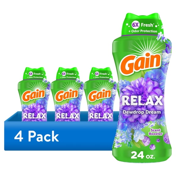 (4 pack) Gain In-Wash Laundry Scent Booster Beads, Relax, Dewdrop Dream, 24 oz