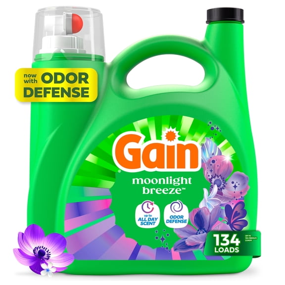 Gain Laundry Detergent Liquid, Now with Odor Defense, Moonlight Breeze Scent, 177 fl oz, 134 Loads