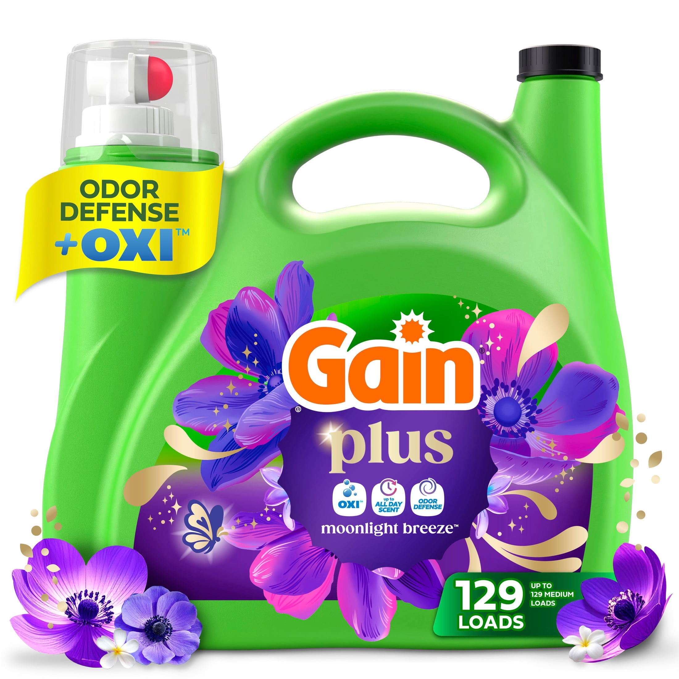Gain Plus Laundry Detergent Liquid, Now with Odor Defense + OXI, Moonlight Breeze Scent, 170 fl oz, 129 Loads