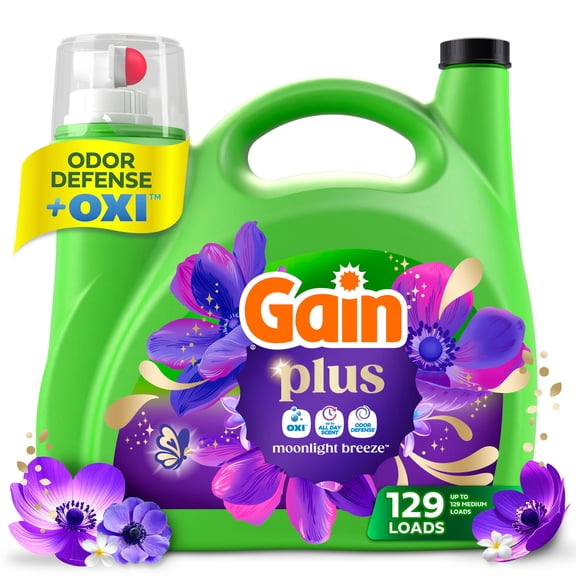 Gain Plus Laundry Detergent Liquid, Now with Odor Defense + OXI, Moonlight Breeze Scent, 170 fl oz, 129 Loads