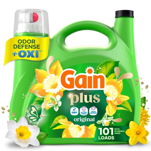 Gain Plus Laundry Detergent Liquid, Now with Odor Defense + OXI, Original Scent, 133 fl oz, 101 Loads