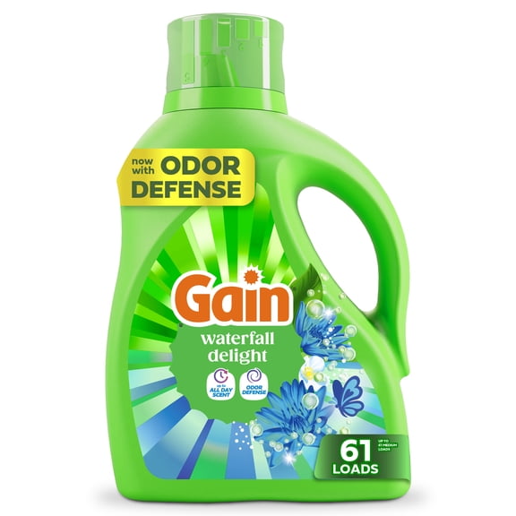 Gain Liquid Laundry Detergent, Now with Odor Defense, Waterfall Delight Scent, 81 fl oz, 61 Loads