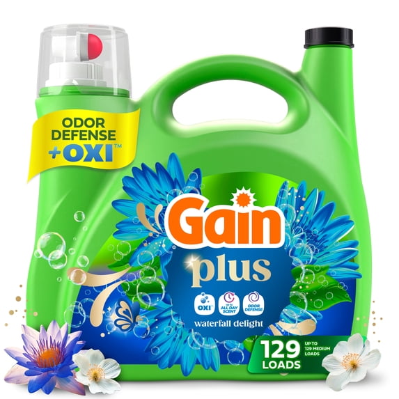 Gain Plus Laundry Detergent Liquid, Now with Odor Defense + OXI, Waterfall Delight Scent, 170 fl oz, 129 Loads