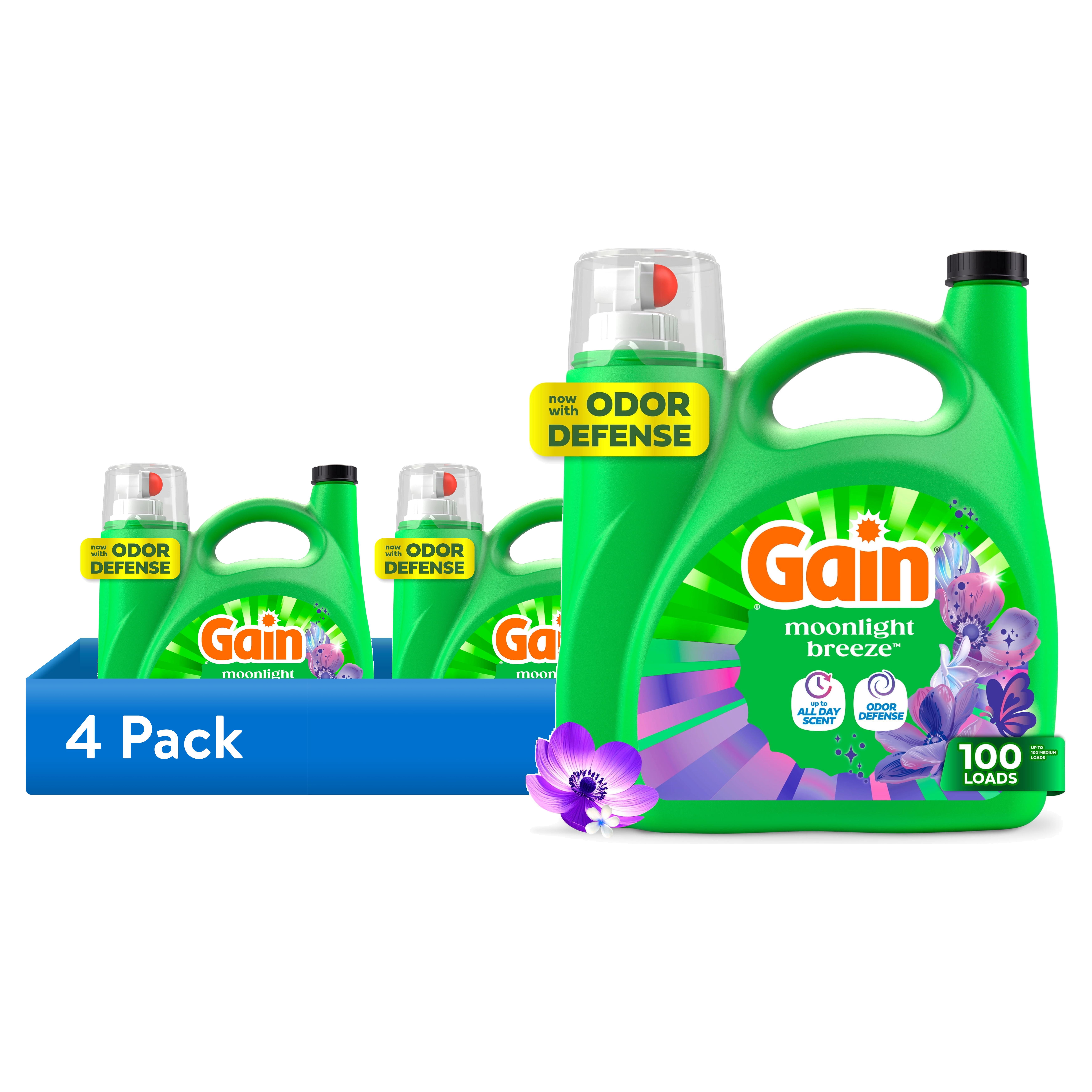 (4 pack) Gain Laundry Detergent Liquid, Now with Odor Defense, Moonlight Breeze Scent, 132 fl oz, 100 Loads