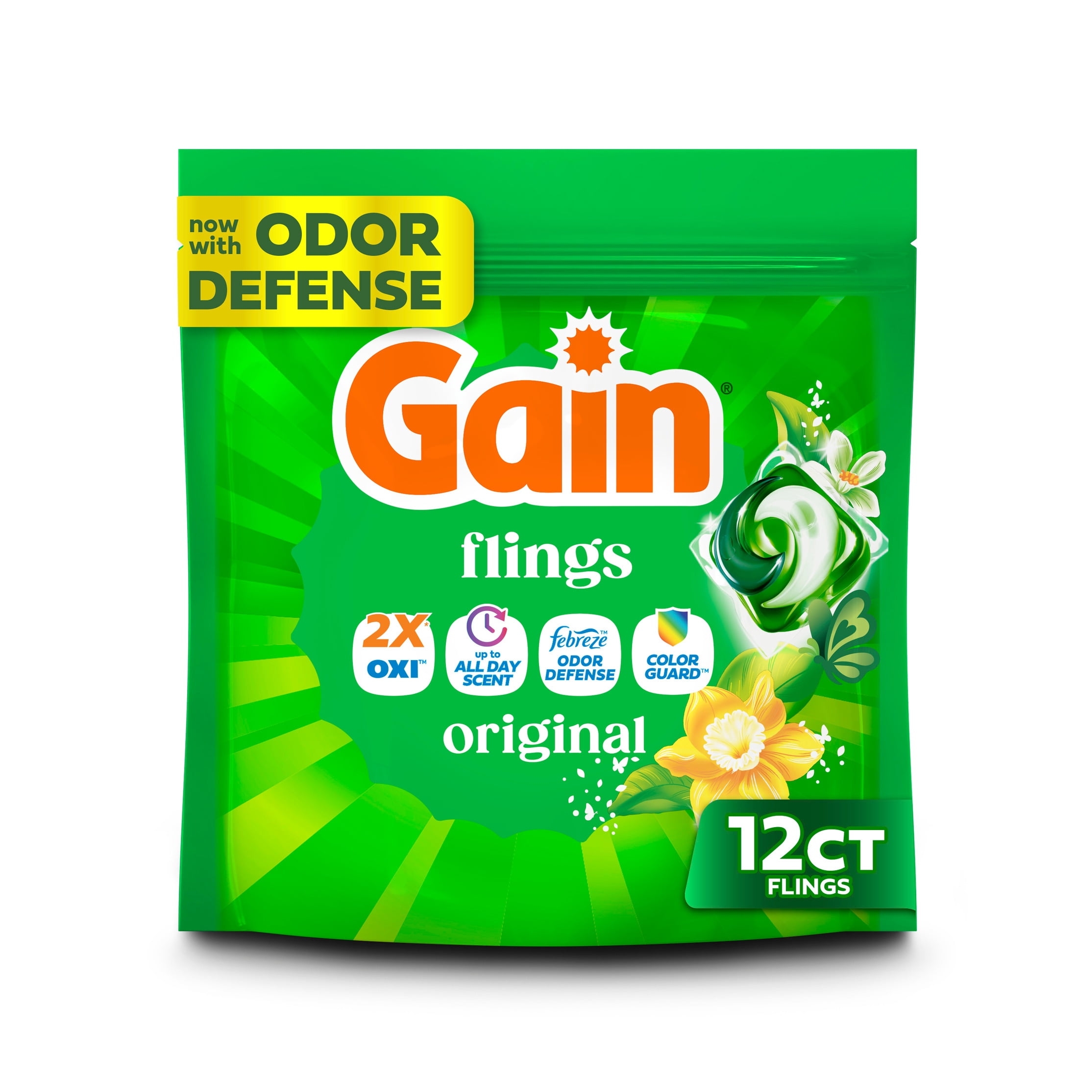 Gain Flings Laundry Detergent Soap Pacs, 4-in-1 Oxi Boost and Febreze, Original Scent, 12 Count
