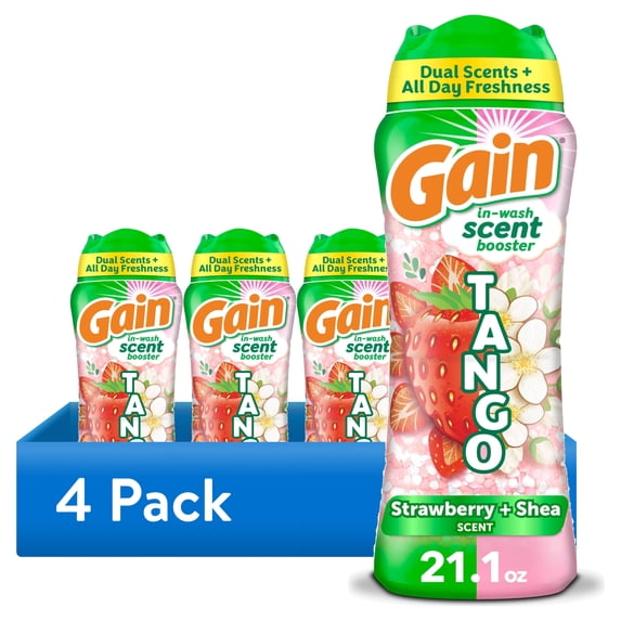 (4 pack) Gain Laundry Scent Beads, Tango 2-in-1 In-Wash Scent Booster, Dual Strawberry & Shea Scent, 21.1 oz