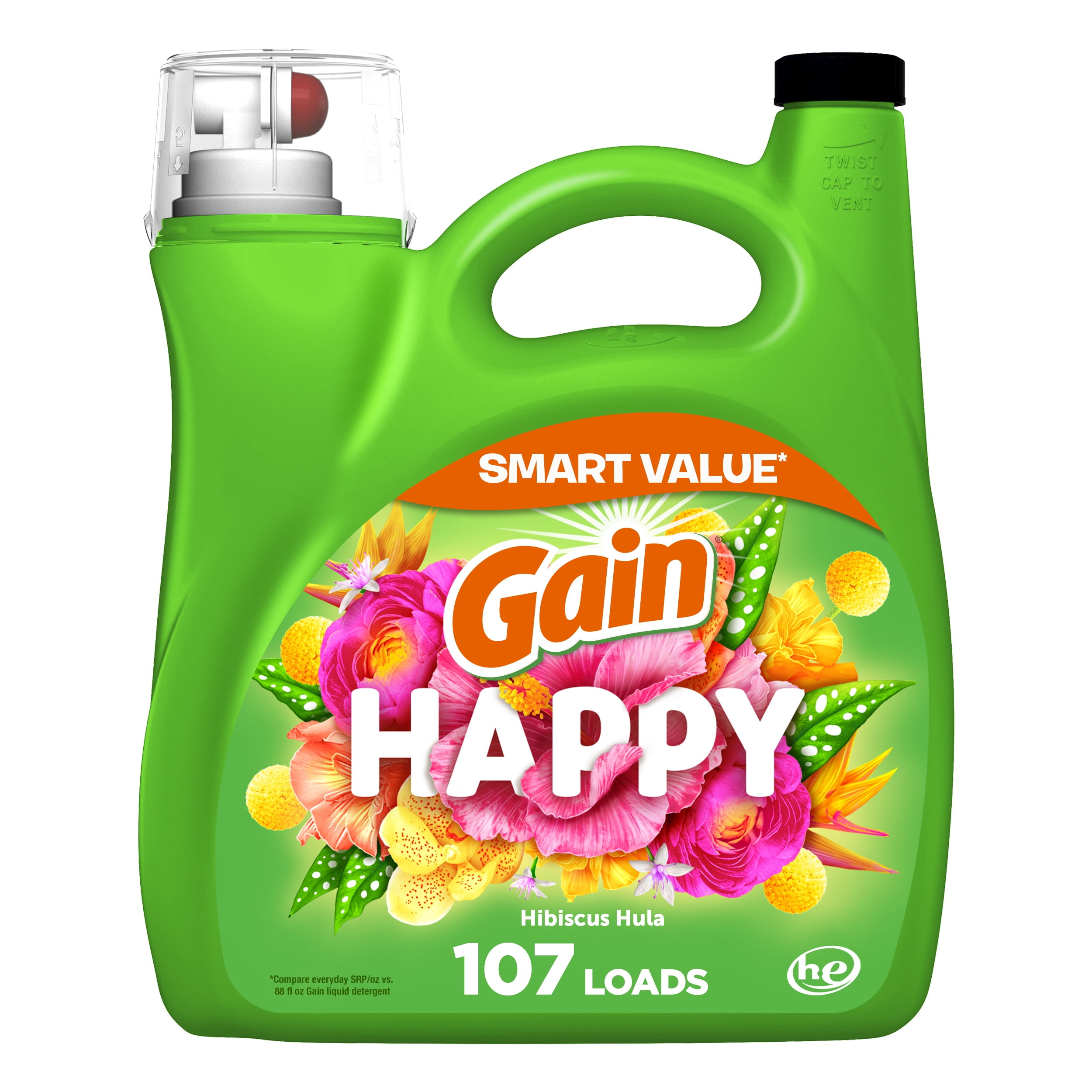 Gain Liquid Laundry Detergent, Happy, 154 fl oz, 107 Loads, HE