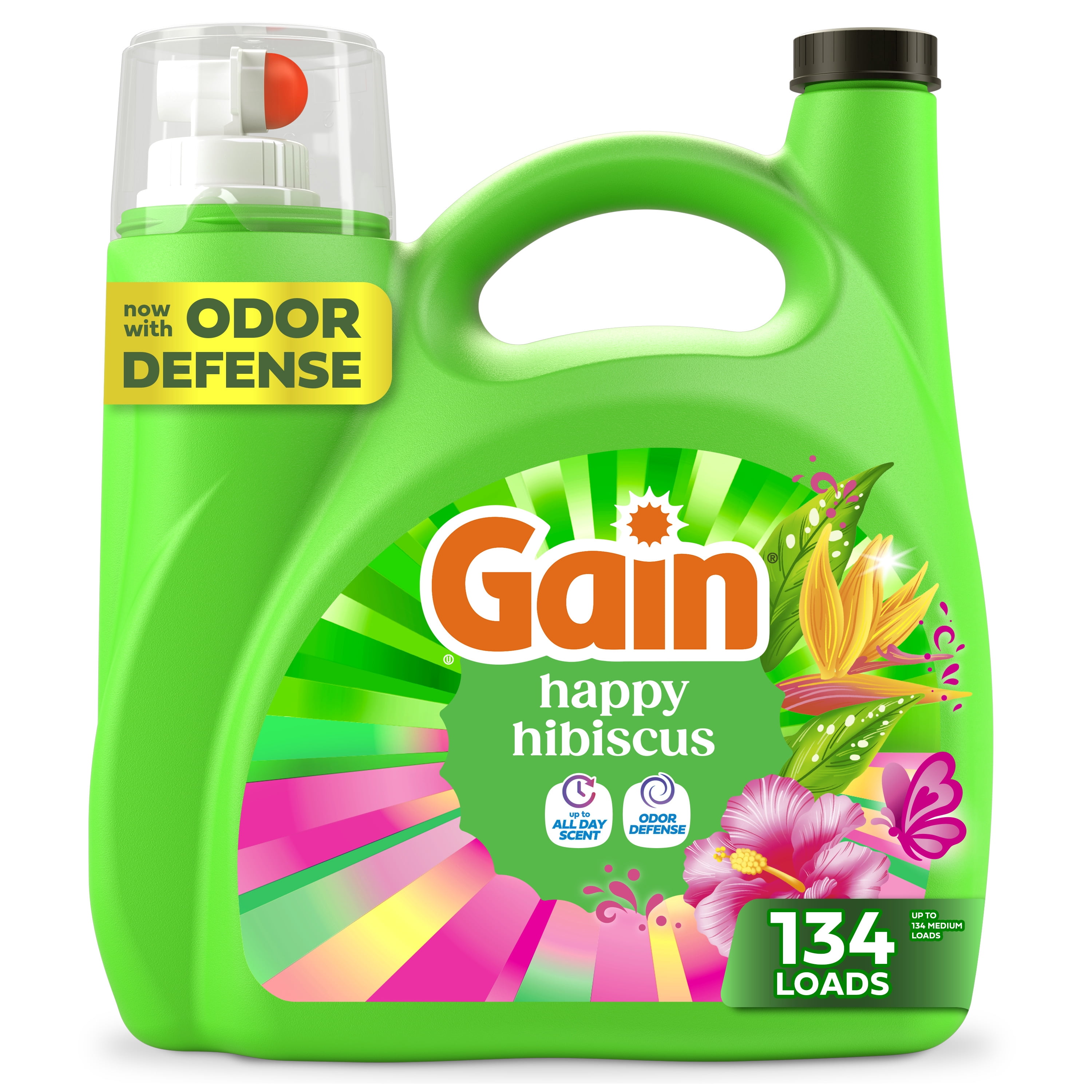 Gain Liquid Laundry Detergent with Odor Defense + All Day Freshness, Happy Hibiscus Scent, 177 fl oz, 134 Loads