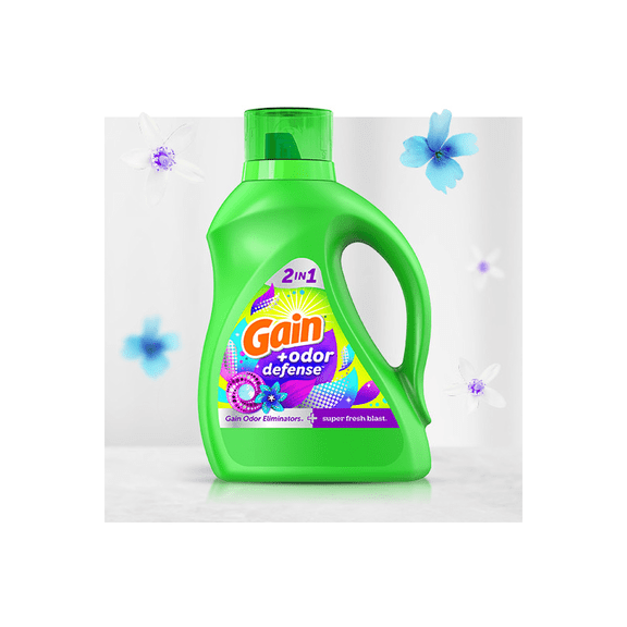 Gain +Odor Defense Super Fresh Blast Liquid Laundry Detergent, 46floz Bottle Powerful Odor Removal, HE-Safe, Up to 32 Loads