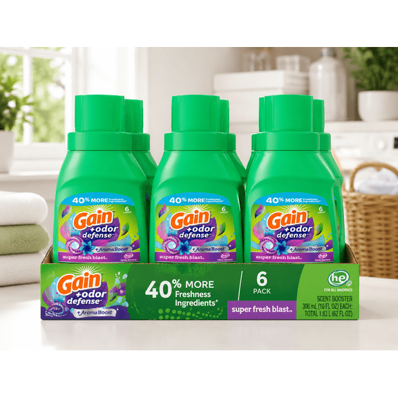 Gain + Odor Defense Super Fresh Blast Liquid Laundry Detergent with AromaBoost, 10 fl oz, 6 Count, 6 Loads, 6 Pack