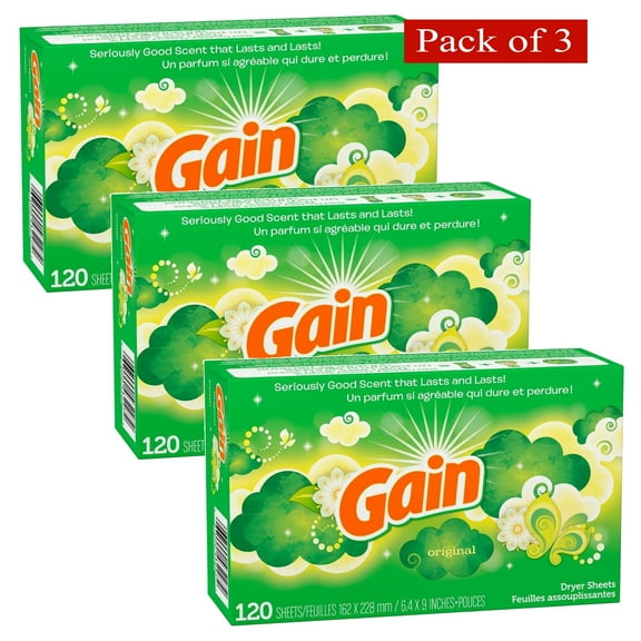 Gain Original Dryer Sheets, 120-count, 6.4-inches x 9-inches (Pack of 3)