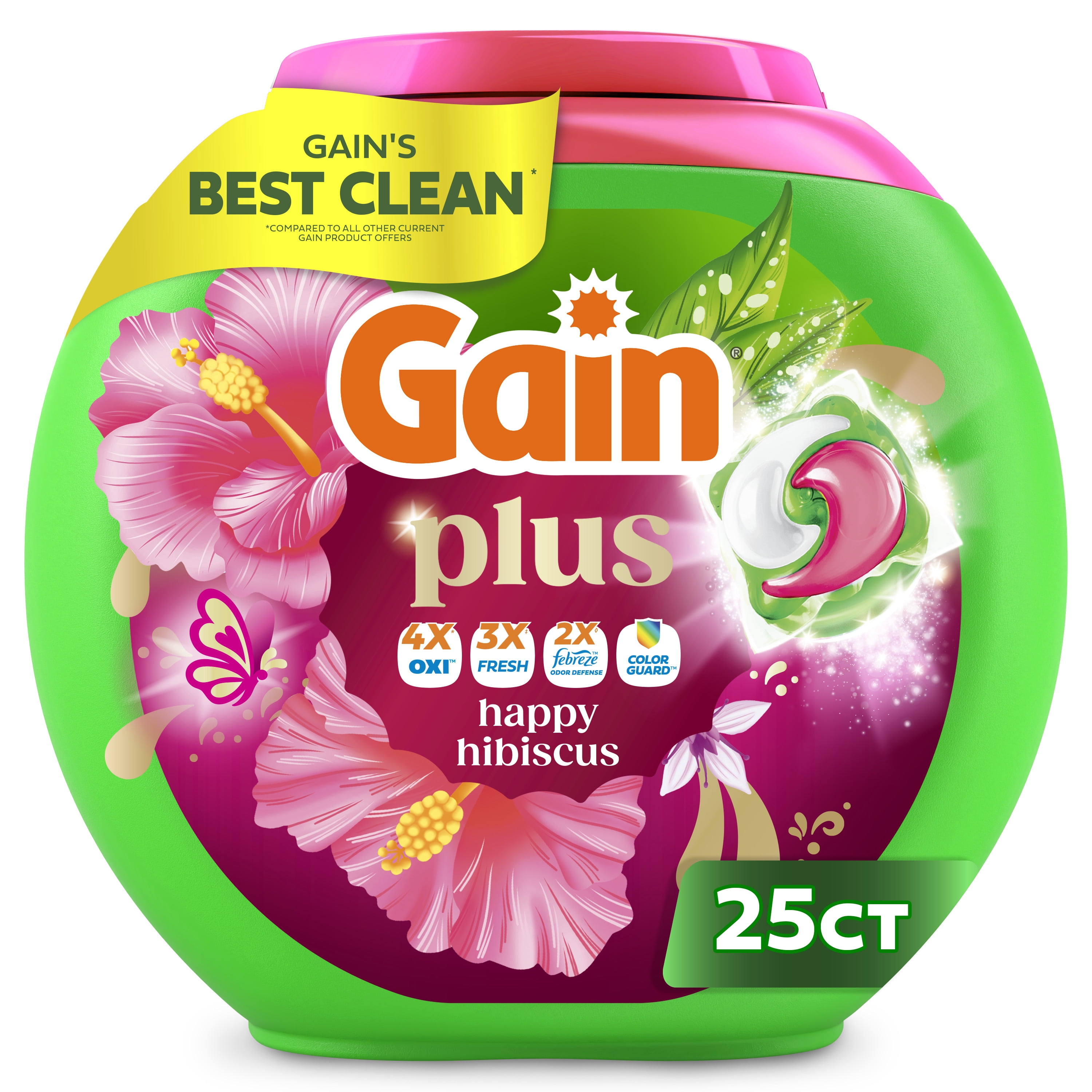 Gain Plus Flings Liquid Washing Detergent pacs, Gain's Best Clean, All-In-One, Happy Hibiscus Scent, 25-Count tub