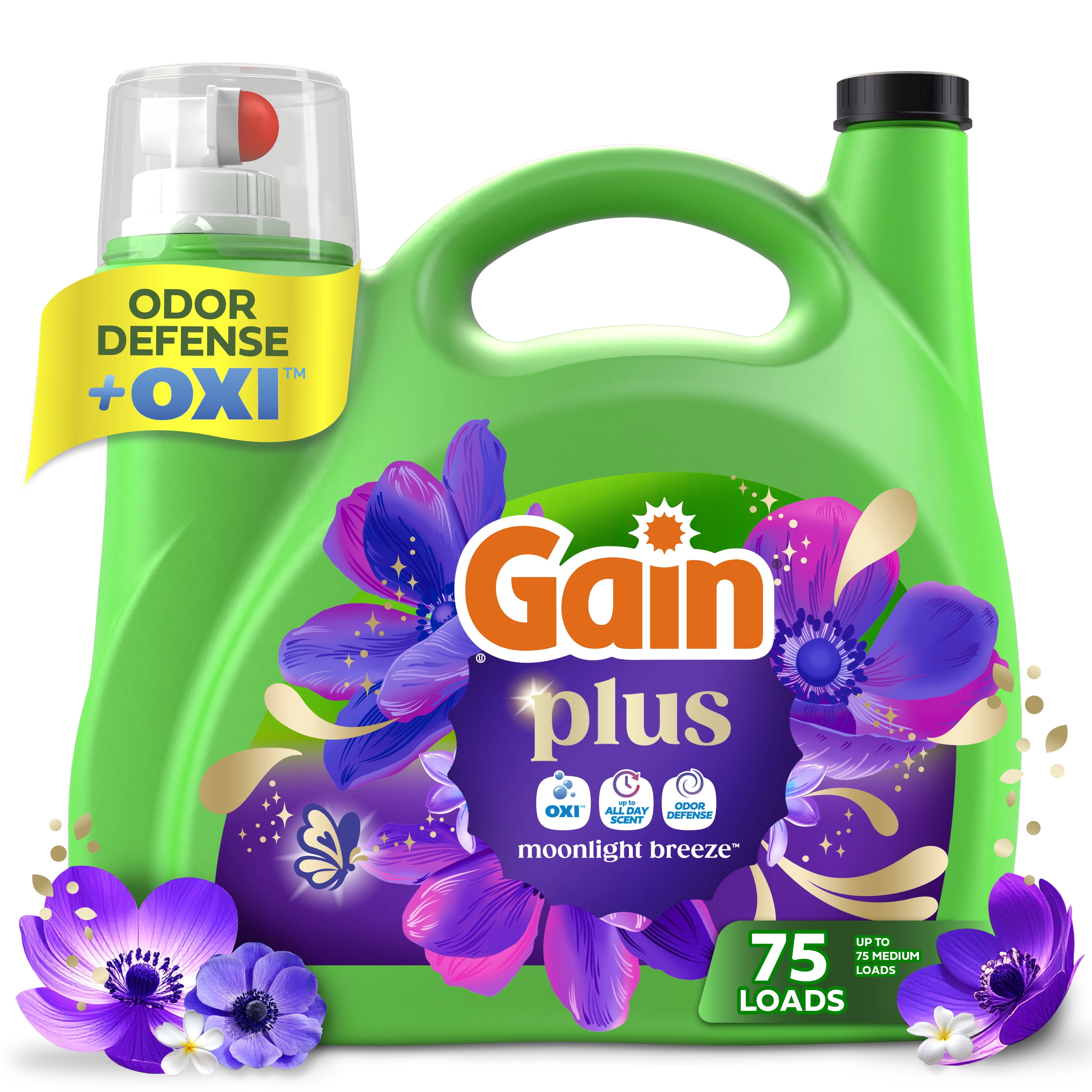 Gain Plus Laundry Detergent Liquid, Now with Odor Defense + OXI, Moonlight Breeze, 99 fl oz, 75 Loads