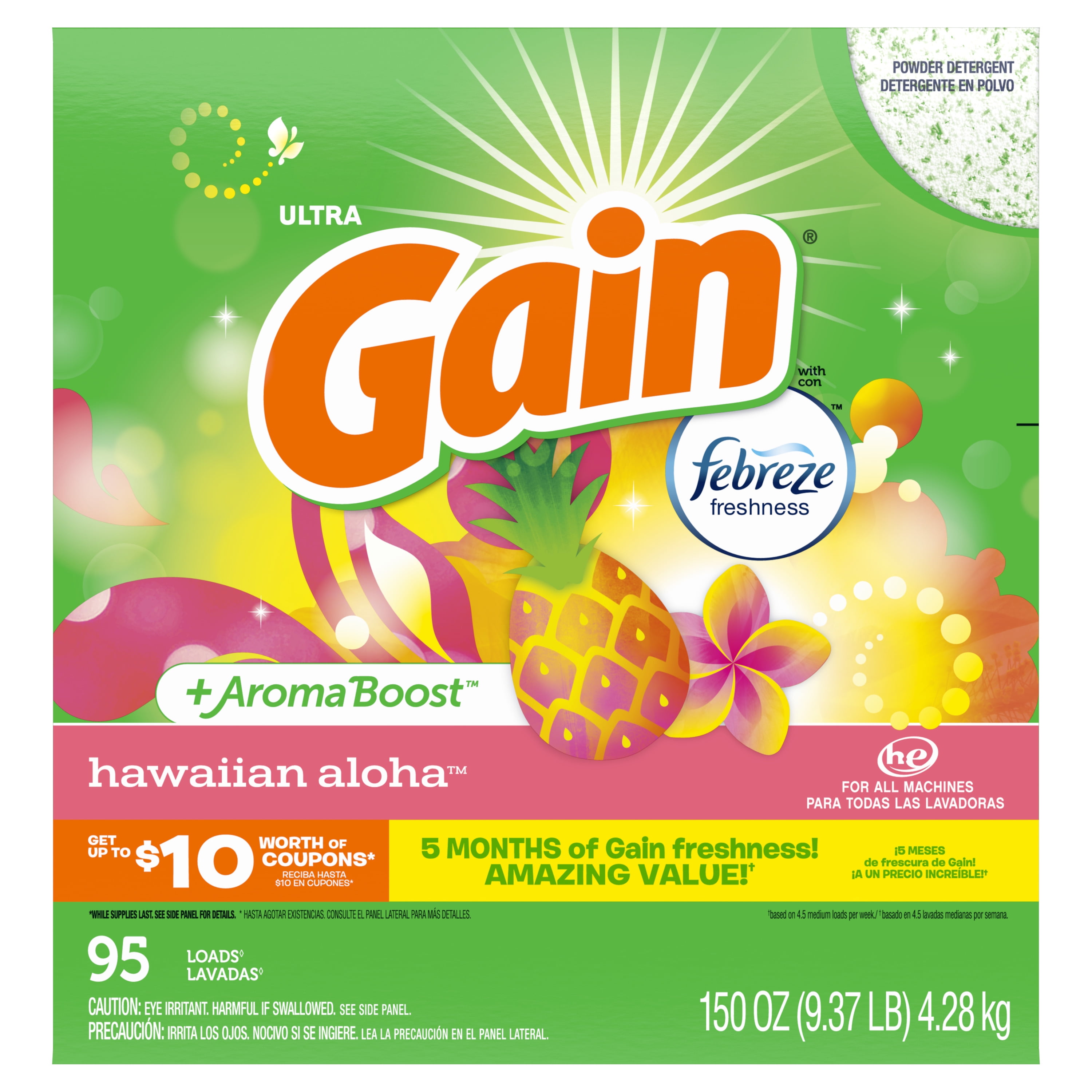 Gain Powder Laundry Detergent for Regular and HE Washers, Hawaiian Aloha Scent, 150 oz, 105