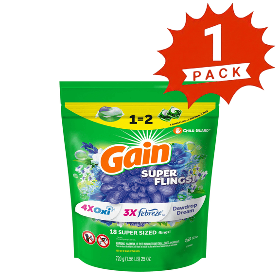 Gain Relax Flings Super-Sized Laundry Pacs, Dewdrop Dream Scent, 18 Count (1-Pack)